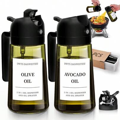  TUMATICLY 2 botellas de aceite de oliva de vidrio, gotero y pulverizador de aceite 2 en 1, utensilios de cocina, vidrio verde oscuro para antioxidación, botellas de almacenamiento de condimentos de 480 ml (16 oz), pulverizador y dispensador de aceite, ¡el regalo perfecto para inauguración de casa!