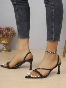 Pointed Toe High Heel Sandals With Elastic Ankle Strap, Solid Color Patent Leather One-Piece Slip-On, Commuting Business, Dating Wear, Spring/Summer - Diagonal Black - View 3
