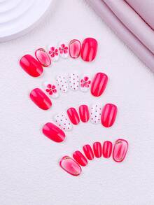 NAIO 24PCS Spring/Summer Y2K Style Handmade Press On Nails & Toe Nails Set, Short Oval Design, Nude Solid Color With Fuchsia French Tip, Polka Dot Ombre Floral & Gold Bead Accents, For Women & Girls, Perfect For Party & Daily Wear, Comes With Tool Kit, Great Gift For Ladies, Nails Nail Supplies - Multicolor - View 2