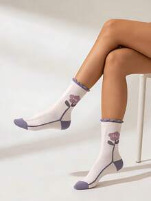 1双女士紫色丁香压花复古学院风中筒袜 - 白色 - 查看 4