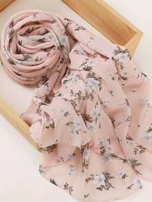 Lightweight Breathable Soft Modest Printed Chiffon Hijabs, Floral Print Chiffon Headscarf Rectangular Shawl For Women, Spring/Summer,Beach,Holiday - Pink - View 3