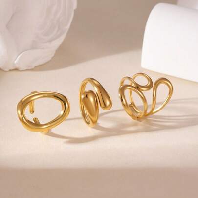 3pcs Set Minimalist Elegant Open Ring, Fashion Versatile Stainless Steel 18K Gold Plated Asymmetrical Geometric Rings For Women