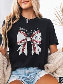 1pc Custom Baseball Number Shirt, Baseball Bow Tee, Personalized Baseball Player Shirt, Baseball Fan Gift, Sports Mom, Game Day - màu đen - Xem 1