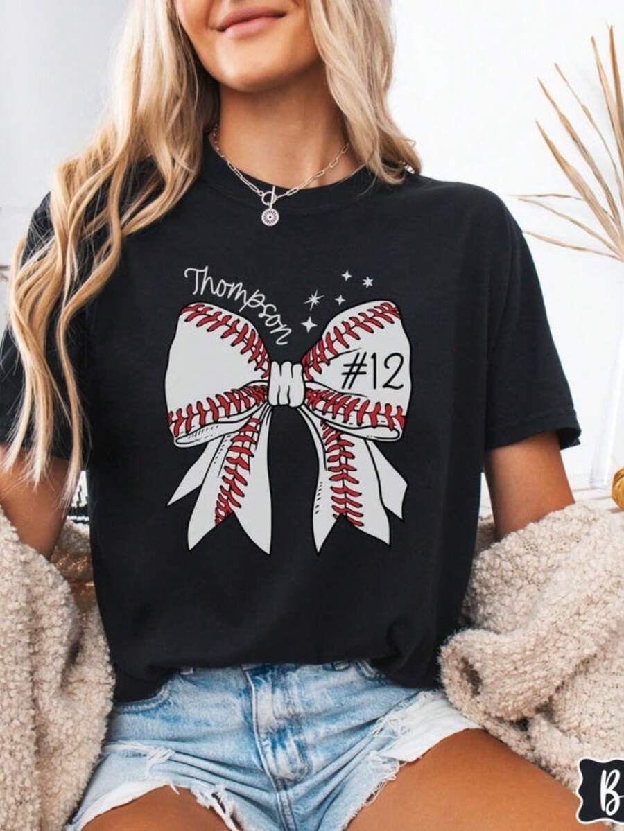 1pc Custom Baseball Number Shirt, Baseball Bow Tee, Personalized Baseball Player Shirt, Baseball Fan Gift, Sports Mom, Game Day - màu đen - Xem 1