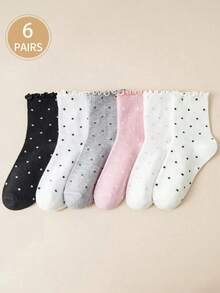 6pairs Ruffle Polka Dot Cute Student White Sport Crew Socks, Autumn/Winter, Fall - 彩色 - 查看 1