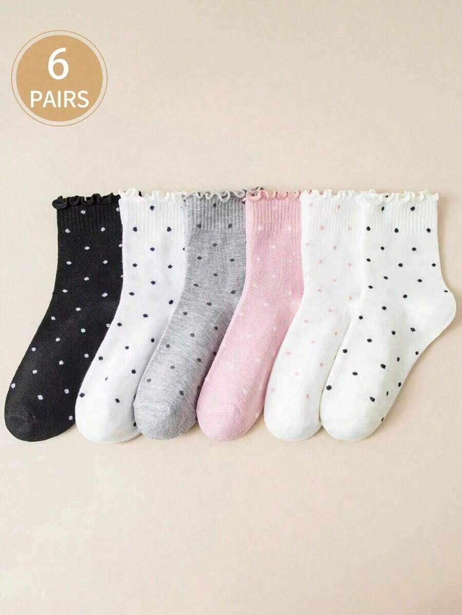 6pairs Ruffle Polka Dot Cute Student White Sport Crew Socks, Autumn/Winter, Fall - 彩色 - 查看 1