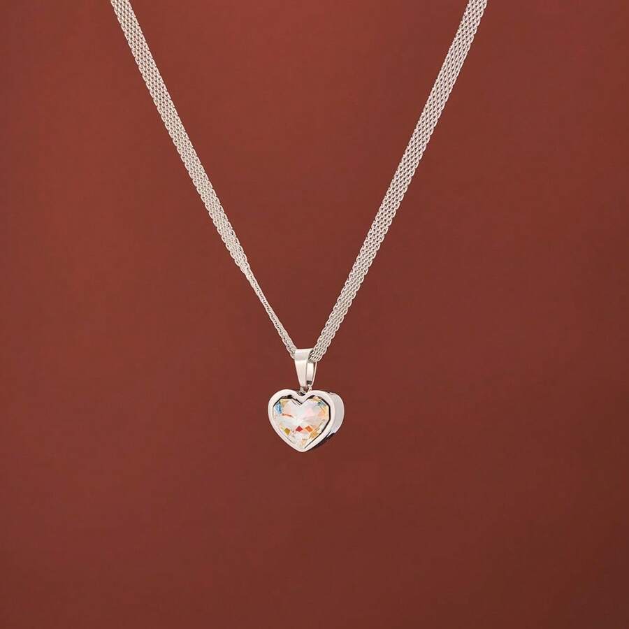 1pc Compact And Exquisite Fiery Crystal Heart-Shaped Titanium Steel Necklace With A Minimalist Summer Design, Pendant With Collarbone Chain Accessories, Summer Women's Necklace, Beach Accessories Accessories - Multicolor - View 1