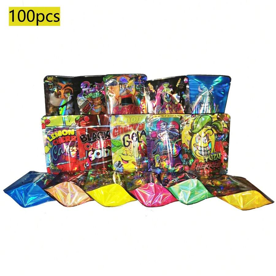 100个装混合装3.5克防异味铝箔袋 - 可重复密封拉链袋,带密封拉链,适用于干草袋、3D激光全息派对用品、礼品包装袋,全息激光效果,3.5克自立袋 - 10x12.5+2.5cm/3.93x4.92+1inch - 查看 1