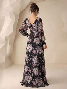 SUPGIR [Họa tiết hoa cắt ngẫu nhiên] Đầm maxi thanh lịch bằng vải chiffon in kỹ thuật số, cổ chữ V, tay phồng, xếp ly eo. - Nhiều màu - Xem 2