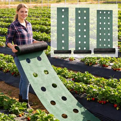 加厚双层冲孔无纺布屏障，含15个地钉，孔径8厘米，透气透水PP材质，适用于花园地面覆盖、草莓和蔬菜种植，保护植物，透气性好，是春夏季园艺的必备品。
