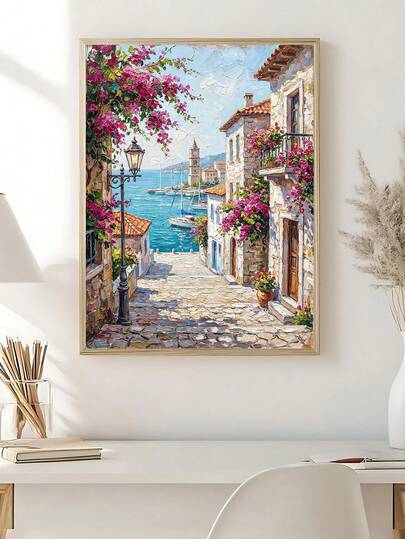 1幅地中海小巷油画，花卉海景墙画，意大利波西塔诺水彩画，阿马尔菲海岸墙画，意大利夏日风景，海滨村庄装饰，海滩日落旅行海报，节日礼物，送给朋友的理想礼物，卧室艺术画，客厅装饰，办公室装饰，厨房装饰，浴室装饰，墙画，墙面装饰，家居装饰，房间装饰，帆布墙画，海报，带框墙画，可选画框