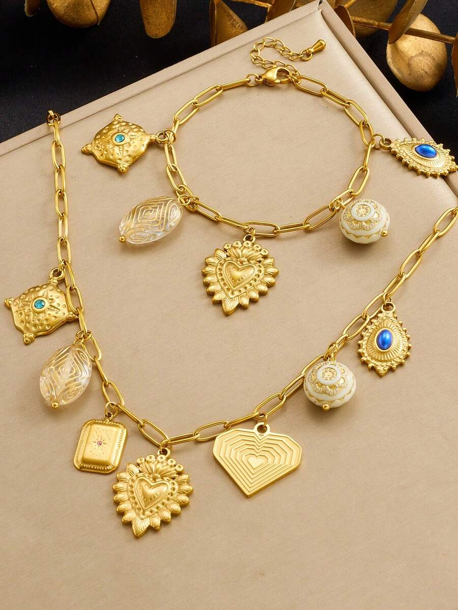 1set Fashion Gold Plated Retro Geometric Carving Pendant Water Drop Heart Shaped Stainless Steel Vintage Accessories Pendant Chain Jewelry Set - Love - View 1