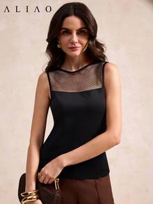 Aliao Spring/Summer Rhinestone Mesh Sheer Round Neck Sleeveless Bodycon Tank Top, Elegant & Fashionable For Daily, Party, Date Wear Casual Black - Black - View 5