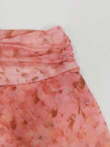 Women's Floral Print Ruched Waist Asymmetric Hem Midi Skirt, Vacation - Coral Pink - View 5