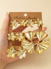 10 pezzi Set di orecchini alla moda a fiore, placcati in oro spesso ipoallergenici resistenti ai raggi UV, eleganti per uso quotidiano, feste, regali per fidanzate e madri - Dorato - Visualizzare 6