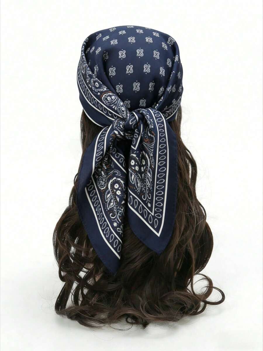 1 pieza Pañuelo de seda cuadrado de 70*70cm, pañuelo de cabeza estampado de satén para mujer, pañuelo, diadema, chal de moda para dama, pañuelo, playa, vacaciones - Azul marino - Ver 1