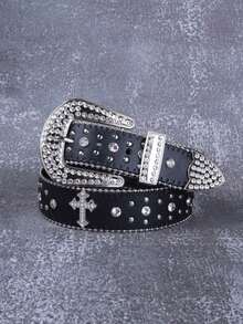 & Rhinestones Embellished Metal Western Cowboy Style Belt, Fashion Street Style, Summer, School Fall, Autumn, Halloween CIL6 - màu đen - Xem 12