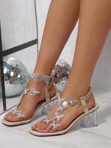 Crystal Embellished Sandals, New Summer Rhinestone Chunky Heel Fashion Mid-Heel Transparent High Heels For Teen - White - View 4