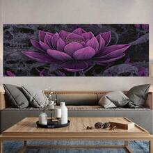 Cuadro plano 2D, Cuadro plano 2D, Una pintura en lienzo oscuro que presenta una flor de loto púrpura rodeada de calaveras, perfecto para decorar espacios como la sala de estar, el dormitorio, el baño, el pasillo, la oficina, el bar, el café - Enmarcado - Ver 4