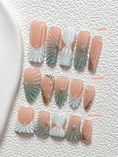 Bộ 10 móng giả thủ công phong cách cổ tích đại dương, móng giả đính ngọc trai, trang trí móng kẻ sọc, sơn móng màu xanh bạc hà và trắng, phong cách mùa hè tươi mát, bao gồm dụng cụ làm móng (1 miếng dán gel + 1 dũa móng), 3 kích cỡ: hình hạnh nhân, hình mỏ vịt, hình quan tài, phù hợp cho tiệc tùng, sử dụng hàng ngày, sự kiện, chụp ảnh, đi làm mùa xuân/hè.