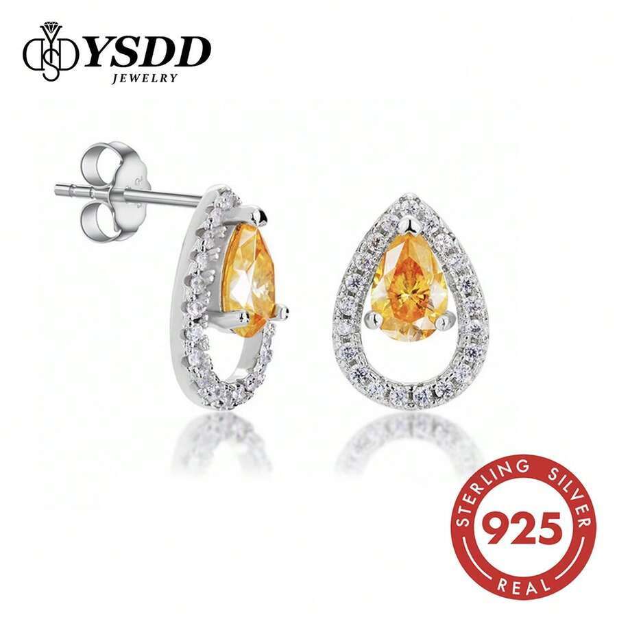 1 Đôi bông tai hình giọt nước sang trọng đính đá Moissanite màu vàng rực rỡ, 0.5ct kim cương nhân tạo độ tinh khiết VVS1, bông tai hình giọt nước cắt kiểu giọt nước, bạc sterling 925 mạ bạch kim, không gây dị ứng, kèm chứng nhận. - Bạc - Xem 1