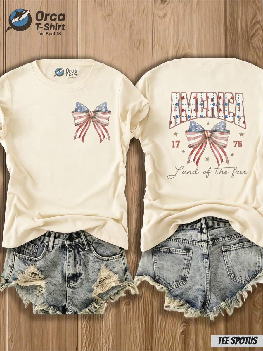 Women's America "Land Of The Free" Bow & Flag Print T-Shirt - 4th Of July Outfit, Casual Crew Neck Top With Map Design Suitable For Spring Summer, Gift (Local Shipping) - Apricot - View 1