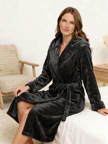 1pc Elegant Luxury Flannel Long Robe With Hood, Versatile For Spring, Autumn, Winter, Comfortable Casual Loungewear For Women - Black - View 6