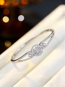 1pc Luxury Fully Paved Hollow Flower Cluster Bangle Bracelet, Delicate Adjustable Openwork Design Jewelry - S61506 - View 3