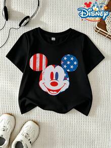Official Authorization Disney Mickey Mouse USA Flag Print Kids T-Shirt, Boys Girls Cute Patriotic Graphic Short Sleeve Tee, Summer Casual Tops For 4th Of July Daily Wear, Children's Clothing Holiday Gift - Black - View 2