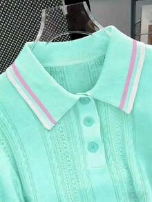 Summer Hollow Design Polo Collar Casual Versatile Niche Knit Top - Cadet Blue - View 3