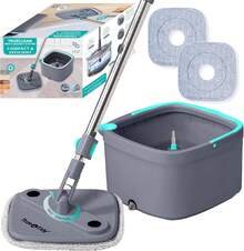 TRUE & TIDY Square Spin Mop & Bucket System – Dual Chamber For Clean & Dirty Water, 360 °   Rotating Self-Wringing Mop With Built-In Scrub Brush, Stainless Steel Handle & 2 Reusable Microfiber Mop Pads - Mop Bucket with 2 Mop Pads - 查看 1