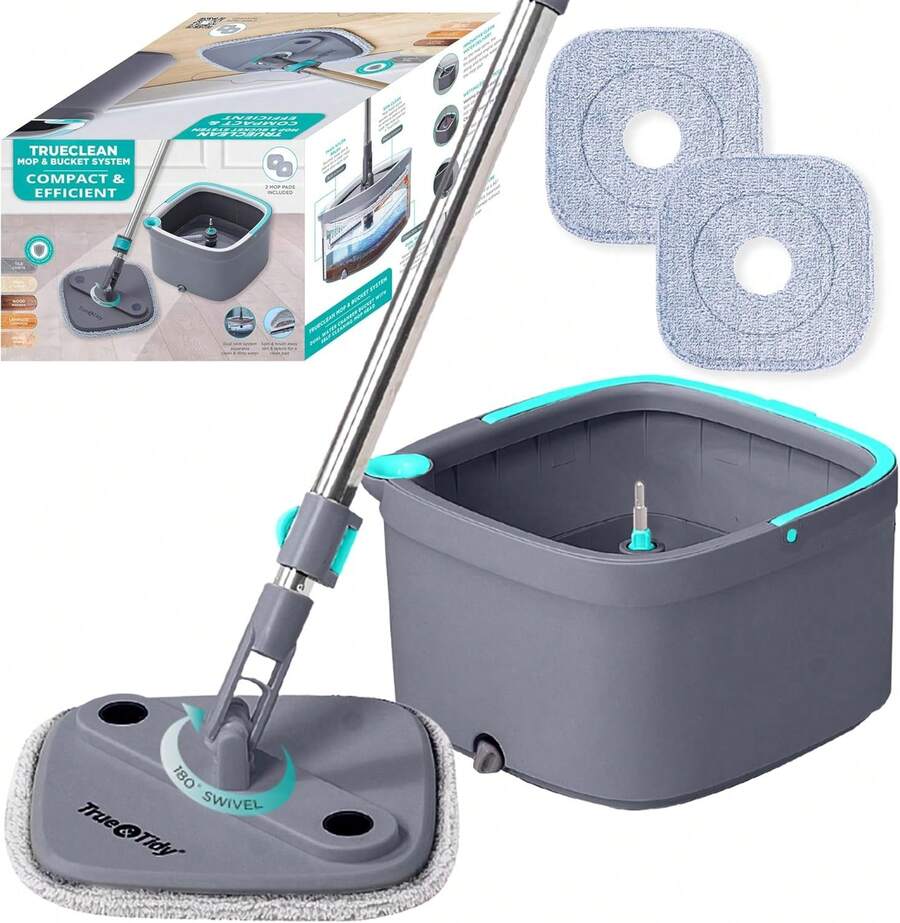 TRUE & TIDY Square Spin Mop & Bucket System – Dual Chamber For Clean & Dirty Water, 360 °   Rotating Self-Wringing Mop With Built-In Scrub Brush, Stainless Steel Handle & 2 Reusable Microfiber Mop Pads - Mop Bucket with 2 Mop Pads - 查看 1