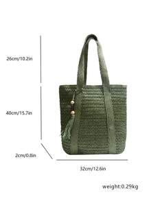Minimalist Solid Color Large Capacity Commuter Straw Bag, Artistic Wide Braid Handbag, Vacation Style Shoulder Bag - Green - View 3