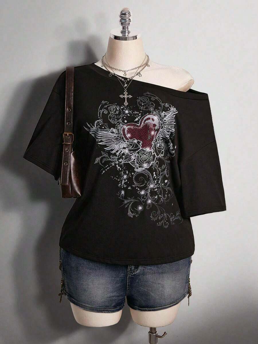 Colección verano 2026. Camiseta holgada mujer talla grande, estampado calavera y rosa gótico punk, estilo retro vanguardista. Tallas 3–7XL, apta otoño-invierno. Envío gratis 24h. - Negro 1 - Ver 1