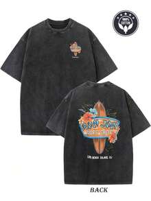 1pcs Women's T-Shirt, Surf Shop Floral And Surfboard Graphic Black Short Sleeve Tee, Fashion Street Pattern Short-Sleeve Pure Cotton Double-Sided Washed T-Shirt, Graphic Tees, Vintage T-Shirts, 230g 100% Cotton (S-4XL) Women's Top - 黑色 - 查看 7