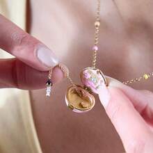 Y2K Colorful Beaded Openable Heart Locket Necklace, 18K Gold Plated Copper Enamel Pendant, Cute Dainty Commuter Jewelry For Women - 粉紅色星星戒指 - 查看 1