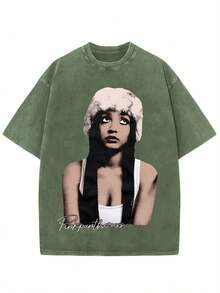 Black Vintage Washed Cotton Tee For Women 18-50 Pinkpantheress Signature Graphic Print Indie Pop Streetwear Loose Fit Top - 綠色 - 查看 1