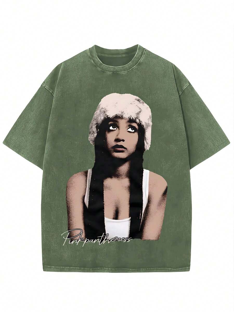 Black Vintage Washed Cotton Tee For Women 18-50 Pinkpantheress Signature Graphic Print Indie Pop Streetwear Loose Fit Top - 綠色 - 查看 1