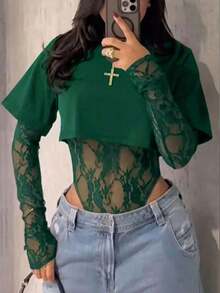 Body entero de encaje transparente para mujer, manga larga tul estampado floral, estilo sensual elegante, ideal para uso diario, citas, fiestas y espectáculos primavera verano - Verde - Ver 3