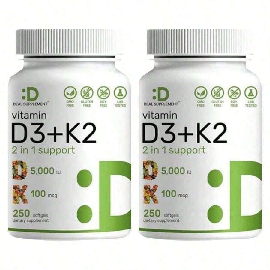 Supplement Vitamin D3 & K2, 250 Veggie Softgels | 2-In-1 Formula (5000 D3 + 100mcg K2 MK7) | Supports Healthy Bones, Teeth, Heart, & Immune System | Nutrition & Healthcare Supplement Dietary Edible Fitness - 2個 - 查看 1