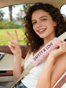 1pc Personalized Embroidered Plush Car Seat Belt Shoulder Pad, Soft & Durable Auto Accessories, All Season Use, Customized Car Gift - Multicolor - View 3