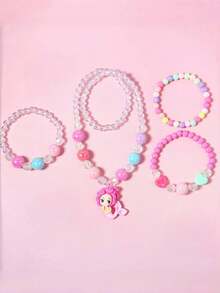 4pcs Colorful Beaded Necklace With Mermaid Pendant, Bracelet Set, Suitable As Birthday Or Holiday Gift - one-size - View 7