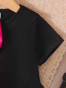 1 pieza Vestido de verano de línea A con cuello redondo, manga corta y lazo 3D elegante y minimalista para niñas bebé - Negro - Ver 4