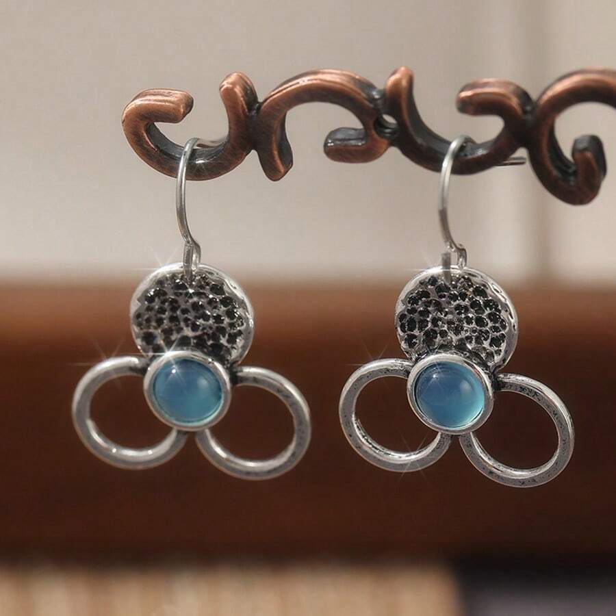 1 Pair Silver-Tone Round Blue Earrings, Creative Yet Minimalist Design, Fresh And Elegant Style, Ideal For Daily Wear And Formal Occasions, Great Gift For Women - Silver - View 1