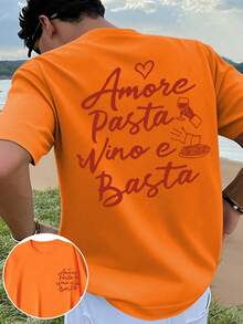 Amore Pasta & Wine 設計男士修身版型 T-shirt，度假旅行海灘、日常聚會適用 - 橘色 - 查看 3