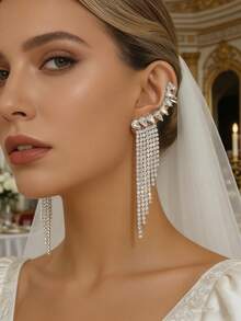 1 Đôi bông tai thời trang phóng đại, bông tai đính đá lấp lánh hình học với tua rua, bông tai sang trọng, trang sức mùa hè. - Bạc - Xem 1