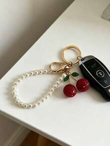 Fashionable Cherry Keychain Pendant, Charming Double Cherry Keychain Gift For Women, Keychain, Rhinestone, Fruit Cherry, Keyring, Adult Decoration, Imitation Chain, Alloy Rhinestone, Cherry Car Pendant, Car Interior Decor, Rhinestone Decor, Durable Structure, Charm For Valentine's Day, Decoration, Alloy, Suitable For Work, School, Back To School Season And Mother's Day - Multicolor - View 1