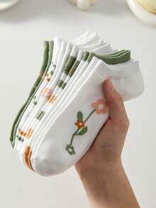5 Pairs Women's White & Green Breathable Floral & Letter Pattern Ankle Socks, Cute & Comfortable, Random Colors, Suitable For All Seasons - Multicolor - View 9