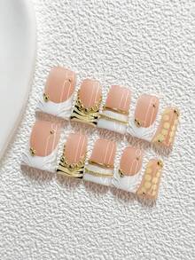 10Pcs Luxurious And Elegant Style Handmade Nail Art Set,Unghie Press On,Golden Pearl Nail Art Accessories,Line Nail Art Decorations,Yellow Nail Polish,Noble And Stylish Aesthetic,Comes With Nail Tools(1 Sheets Jelly Stickers+1PC Nail File)3 Sizes Available,Almond Nails, Duck Nails,Coffin Nails,Suitable For Reunion,Daily,Party,Photograph,Play,Spring Summer,Commute Supplies Nails - 彩色 - 查看 2