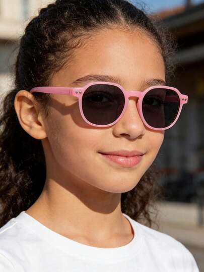 1 pieza Gafas de moda redondas retro para niños y niñas de 7 a 12 años, con marco de policarbonato negro y rosa y lentes grises, adecuadas para uso diario y actividades al aire libre, con estuche